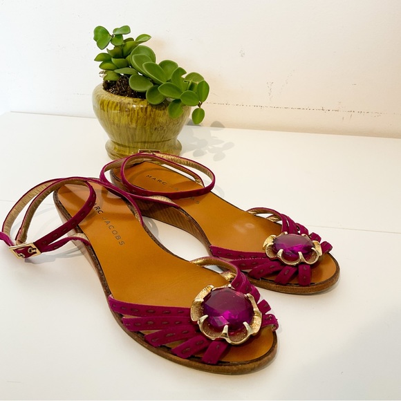 Marc Jacobs Shoes - MARC JACOBS Pretty Fuscia Wedge Sandals With Gold Hardware & Centered Jewel